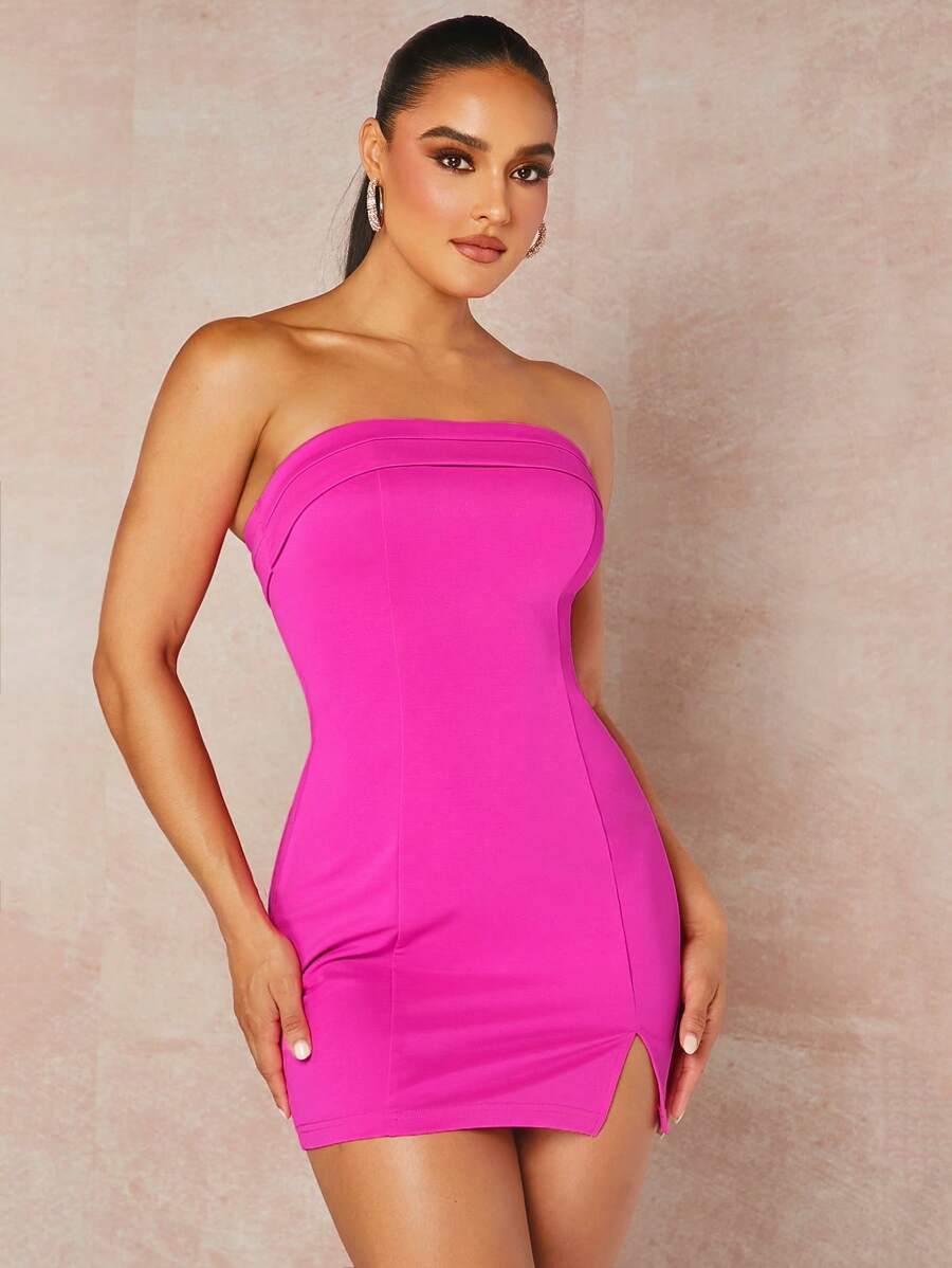 SHEIN BAE Split Hem Tube Bodycon Dress - Hot Pink - View 1
