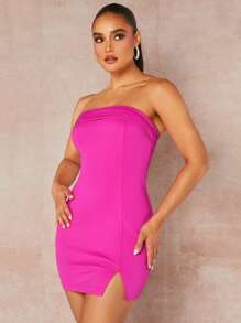 SHEIN BAE Split Hem Tube Bodycon Dress - Hot Pink - View 7