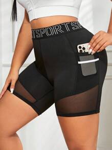 SHEIN Yoga Futuristic Plus Letter Graphic Mesh Insert Sports Shorts With Phone Pocket