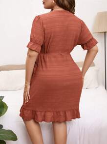 SHEIN Privé Plus Puff Sleeve Ruffle Trim Wrap Knot Side Dress - Redwood - View 2