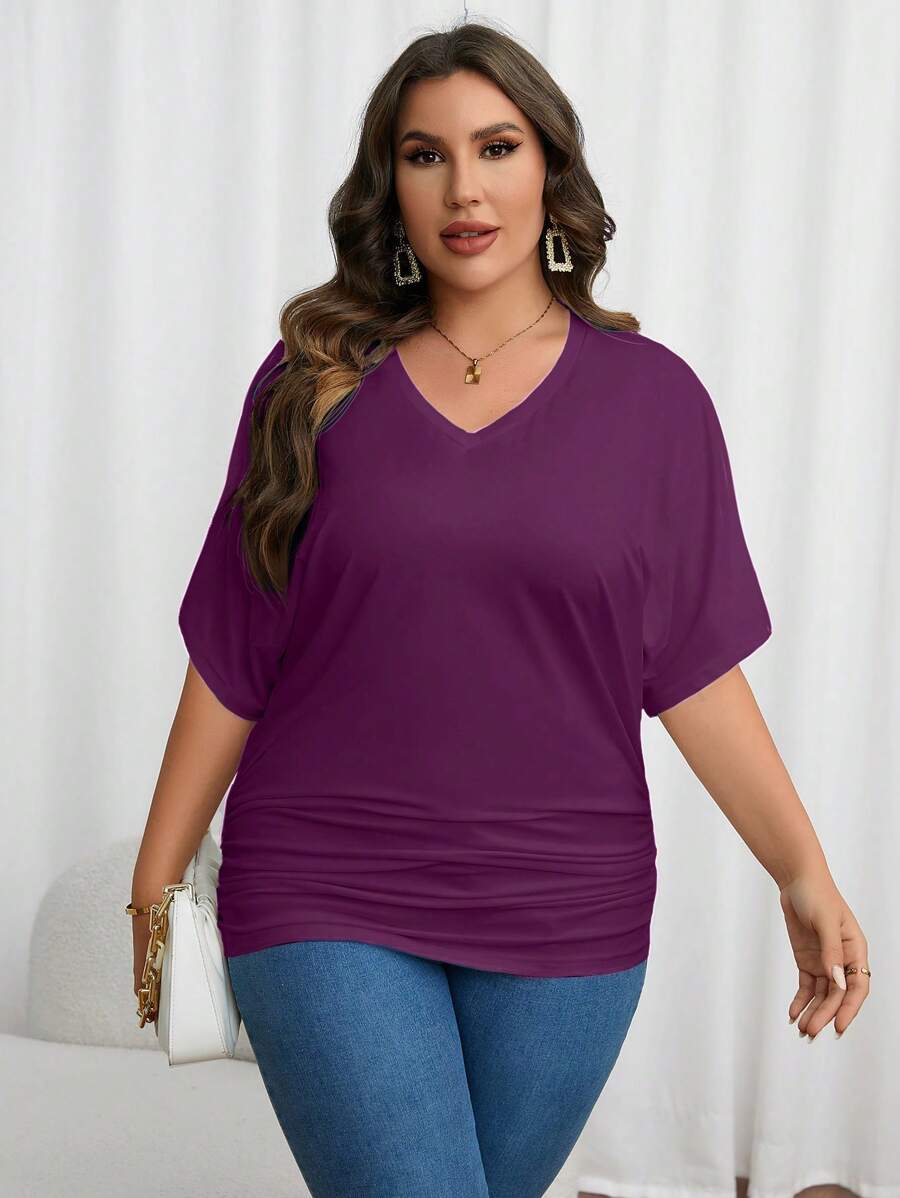SHEIN Essnce Plus Batwing Sleeve Ruched Tee - Purple - View 1