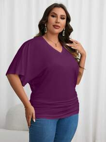 SHEIN Essnce Plus Batwing Sleeve Ruched Tee - Purple - View 4