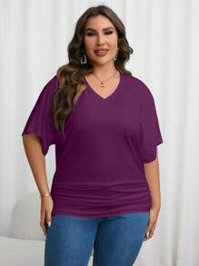 SHEIN Essnce Plus Batwing Sleeve Ruched Tee - Purple - View 5