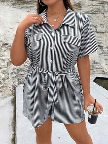 Calvaya 大碼條紋圖案翻蓋細節腰帶襯衫連體短褲 - 黑色 - 查看 4