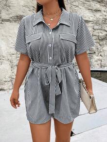 Calvaya 大碼條紋圖案翻蓋細節腰帶襯衫連體短褲 - 黑色 - 查看 5