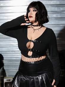 ROMWE PUNK Plus Size Belted Ribbed Knit T-shirt