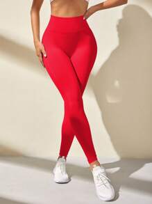 SHEIN Core Rhythm Quần legging thể thao cạp rộng không đường may cho Tết Nguyên Đán - Đỏ - Xem 3