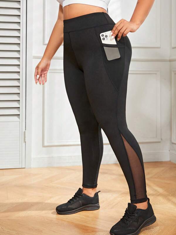 SHEIN Sport Studio Plus Contrast Mesh Phone Pocket Side Sports Leggings