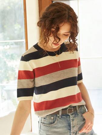 Knit Mix Elegant And Distinctive French Style Knit Striped Loose Fit Short Sleeve Sweater Shirt, Casual Pullover For Spring, Summer, Autumn, Back To School Season, Suitable For Christmas, Thanksgiving And New Year Occasions