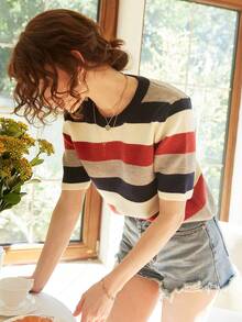 Knit Mix 优雅独特的法式针织条纹宽松短袖毛衣衬衫，休闲套头衫，适合春、夏、秋季、返校季穿着，也适合圣诞节、感恩节和新年等场合。 - 彩色 - 查看 5