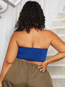SHEIN CURVE+ Hơn Chất rắn Áo Tube Crop - Màu xanh lam - Xem 3