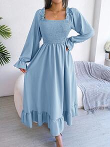 Square Neck Flare Sleeve Ruffle Hem Dress - Baby Blue - View 6