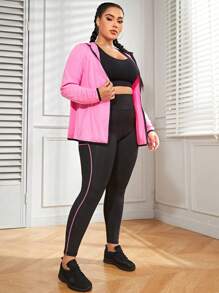 Easithlete Plus Size Lightweight Contrast Piping Zip Up Hooded Sports Jacket & Jacket & Leggings Without Bra Outfit Workout Women Set - Multicolor - View 1