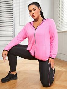 Easithlete Plus Size Lightweight Contrast Piping Zip Up Hooded Sports Jacket & Jacket & Leggings Without Bra Outfit Workout Women Set - Multicolor - View 4