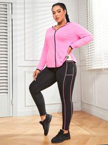 Easithlete Plus Size Lightweight Contrast Piping Zip Up Hooded Sports Jacket & Jacket & Leggings Without Bra Outfit Workout Women Set - Multicolor - View 5