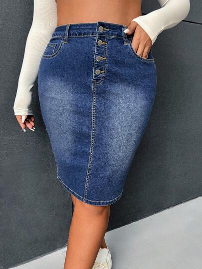 Plus Button Fly Pencil Denim Skirt