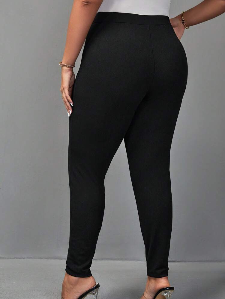 Plus Button Front Skinny Pants,Elegant Women's Black And Gold Tapered Trousers,Autumn Smart Casual Dinner Wear,High Waist Versatile Fashionable Pants
