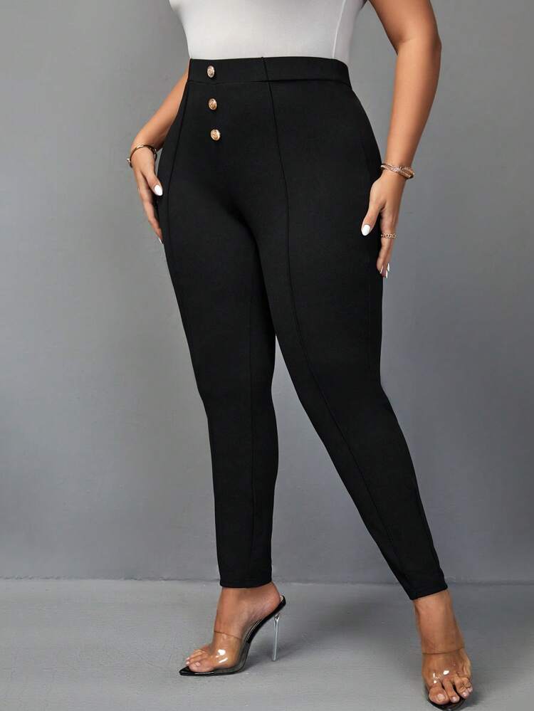Plus Button Front Skinny Pants,Elegant Women's Black And Gold Tapered Trousers,Autumn Smart Casual Dinner Wear,High Waist Versatile Fashionable Pants