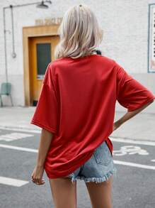 INAWLY Áo thun hở vai họa tiết chữ Graphic Tees dành cho nữ - Đỏ - Xem 2