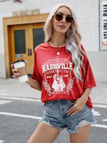 INAWLY Áo thun hở vai họa tiết chữ Graphic Tees dành cho nữ - Đỏ - Xem 3
