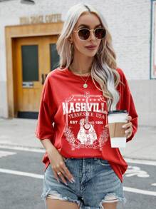 INAWLY Áo thun hở vai họa tiết chữ Graphic Tees dành cho nữ - Đỏ - Xem 4