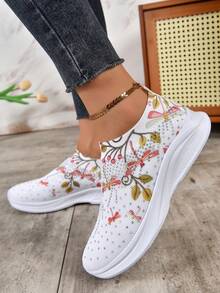 Printed Comfortable Slip-on Running Shoes With Floral Pattern - Multicolor - View 5