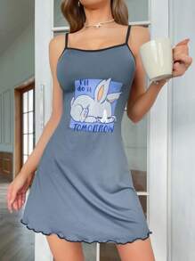 XMorfina Artist Rabbit & Slogan Graphic Lettuce Trim Cami Nightdress - Blue - View 3