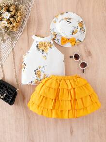 Đứa bé gái In hoa Áo hai dây & Lớp viền Váy & Mũ - Nhiều màu - Xem 3