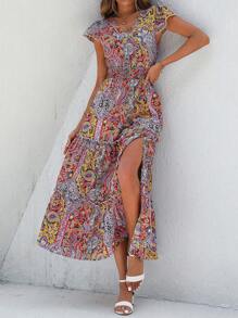 SHEIN VCAY 佩斯利印花褶邊高衩連衣裙 - 彩色 - 查看 1