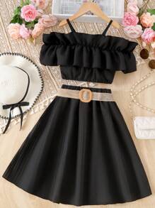 SHEIN Cô gái Tween Vai lạnh Viền Ruffle Áo và Váy - màu đen - Xem 1
