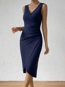 Chiquease 素色側收褶鬱金香下擺緊身洋裝 - 藏蓝色 - 查看 6