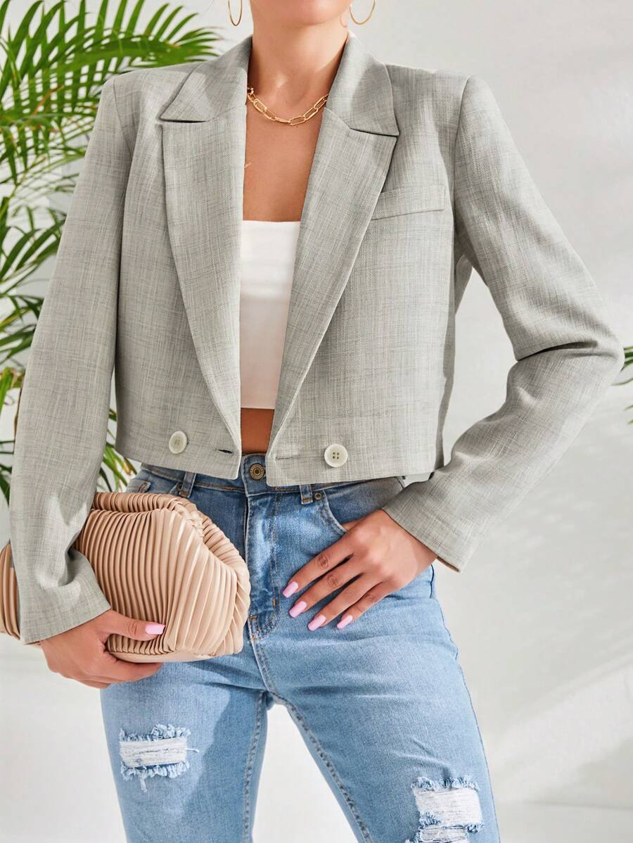 EURMUSE Lapel Neck Double Button Crop Blazer - Apricot - View 1