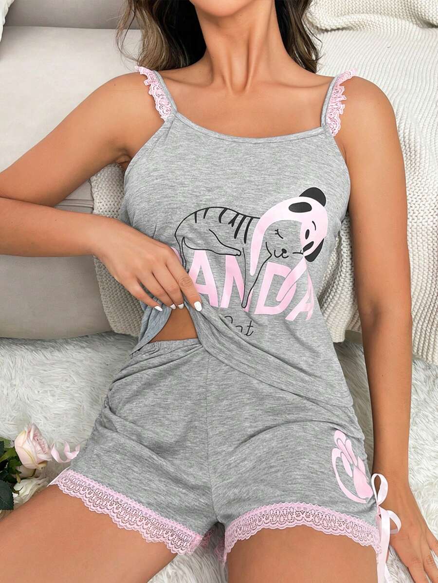 字母和卡通圖案蕾絲拼接前蝴蝶結睡衣套裝 - 灰色 - 查看 1