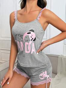 字母和卡通圖案蕾絲拼接前蝴蝶結睡衣套裝 - 灰色 - 查看 6