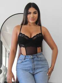 SHEIN SXY Cắt ra Ren Áo liền quần dây treo - màu đen - Xem 3