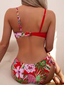Floral Print Push Up Bikini Set,Summer Beach - Multicolor - View 2