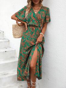 Breezaya 滿版印花蝴蝶袖高衩連衣裙 - 綠色 - 查看 1