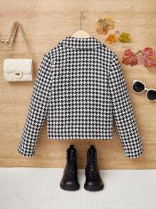 SHEIN Tween Girl 1pc Houndstooth Print Double Breasted Jacket - Black and White - View 2