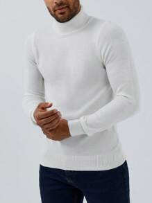 SHEIN Cottnline Hombres Jersey unicolor cuello alto - Blanco - Ver 1