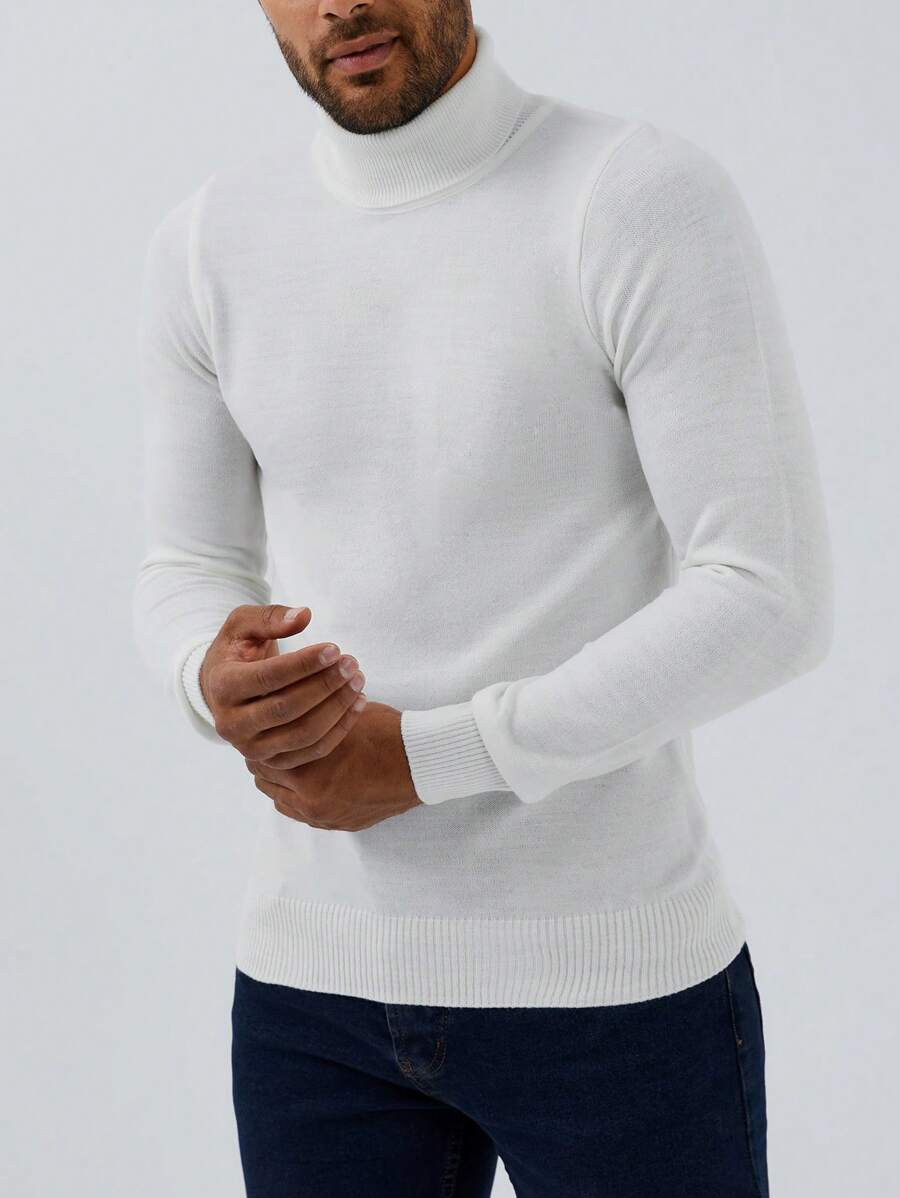 SHEIN Cottnline Hombres Jersey unicolor cuello alto - Blanco - Ver 1