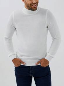 SHEIN Cottnline Hombres Jersey unicolor cuello alto - Blanco - Ver 4