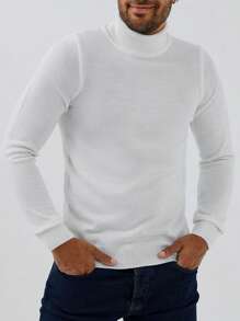 SHEIN Cottnline Hombres Jersey unicolor cuello alto - Blanco - Ver 5