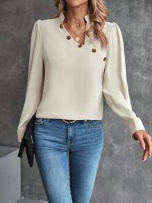 SHEIN Clasi Blusa con diseño de botón de manga farol - Albaricoque - Ver 1