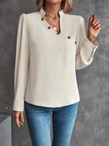 SHEIN Clasi Blusa con diseño de botón de manga farol - Albaricoque - Ver 3