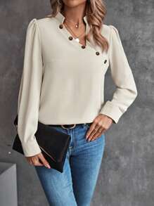 SHEIN Clasi Blusa con diseño de botón de manga farol - Albaricoque - Ver 4
