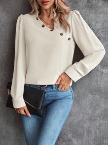 SHEIN Clasi Blusa con diseño de botón de manga farol - Albaricoque - Ver 5