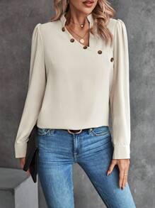 SHEIN Clasi Blusa con diseño de botón de manga farol - Albaricoque - Ver 6