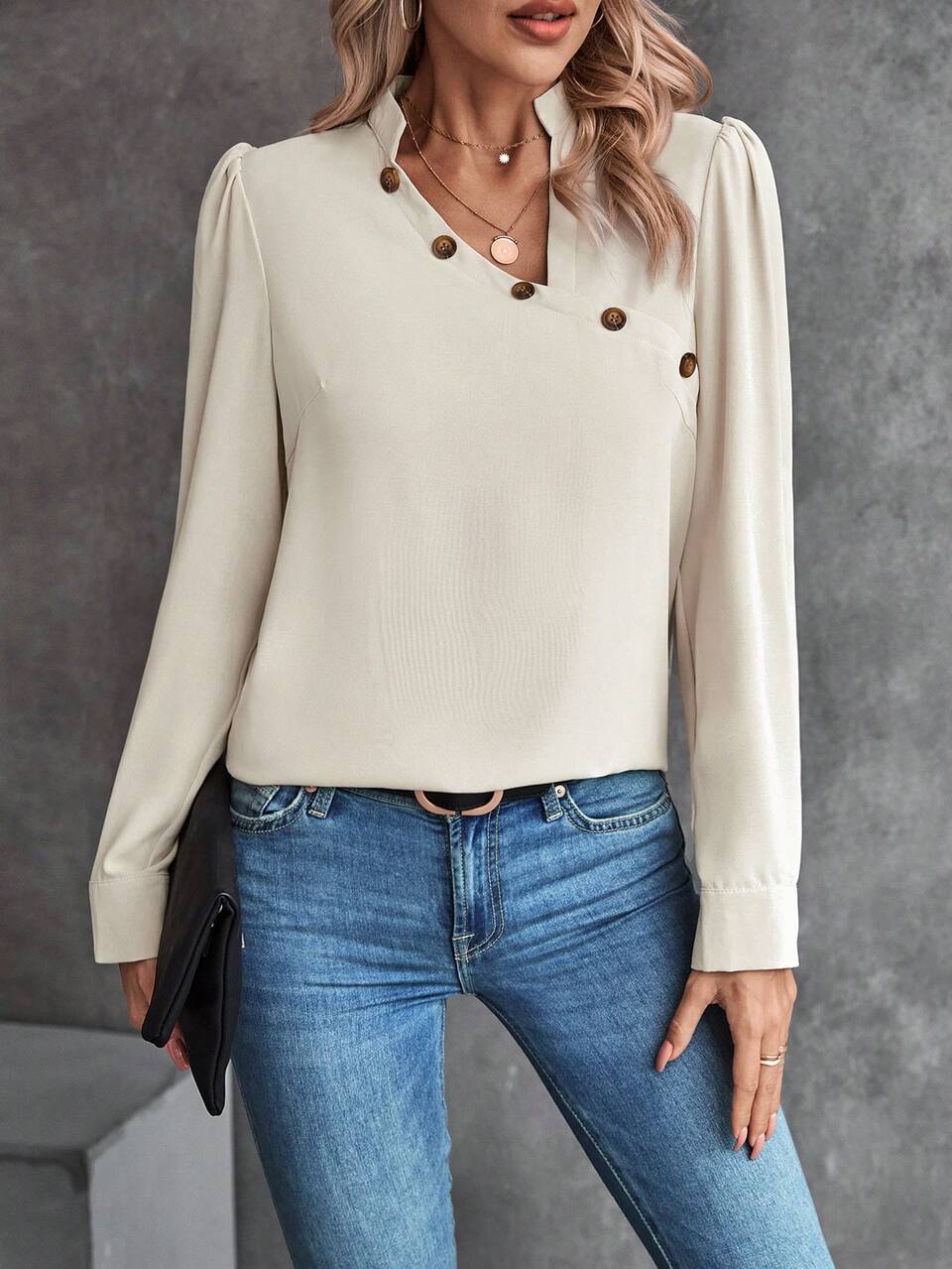 Button Detail Puff Sleeve Blouse