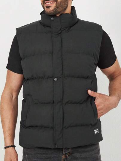 SHEIN Cottnline Men Letter Patched Detail Zipper Vest Puffer Coat