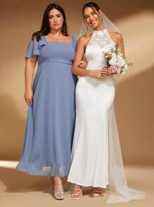 SHEIN Belle 1 Miếng Ren tương phản Halter Neck Không lưng Váy dự tiệc Không có mạng che mặt - trắng - Xem 3